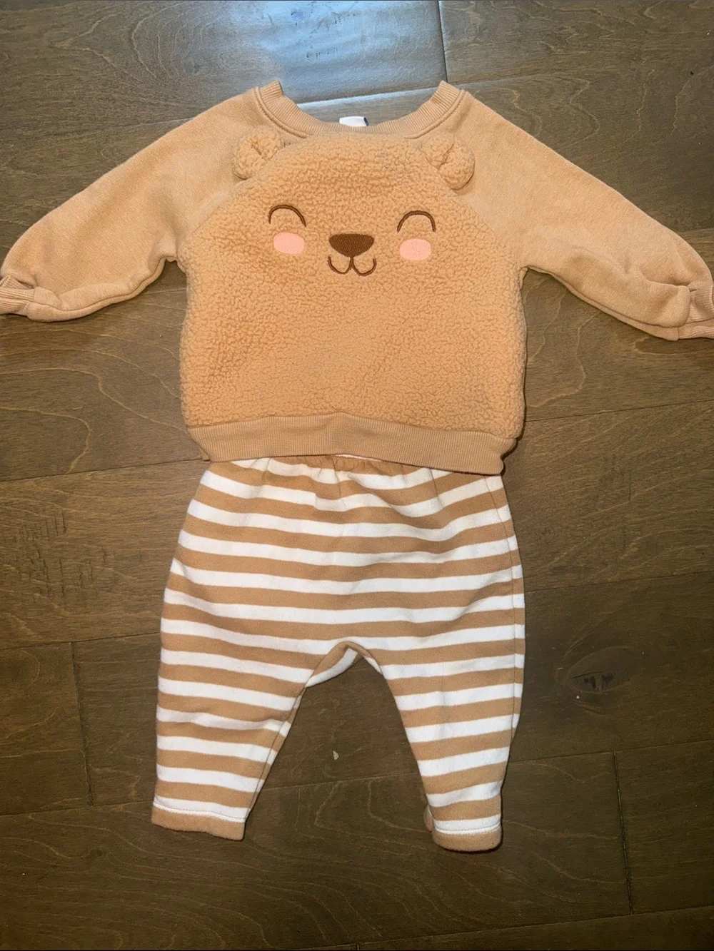 Old Navy Toddler Bear Fleece Top and Striped Pants - Tan & White